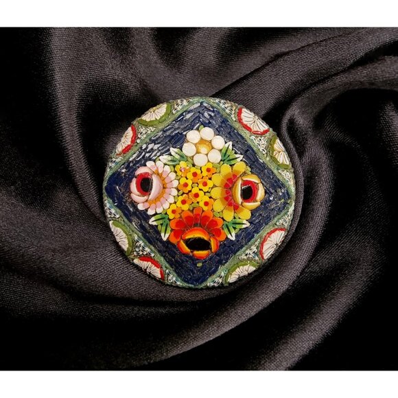 Vintage Micro Mosaic Italy Signed Floral Flowers Brooch - Picture 2 of 5
